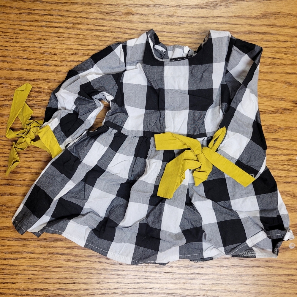Little Girls Buffalo Plaid Tunic Dress Tie Sleeves Black & White Size 110 4t-5t